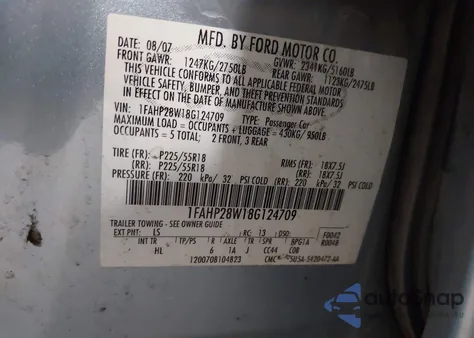 2008 Ford Taurus Limited z USA, uszkodzony, nr VIN 1FAHP28W18G124709